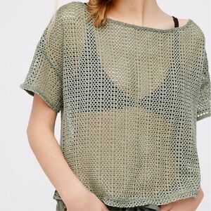 FP Green Open Knit Net Mesh Crew Neck Short Sleeve 100% Cotton T-shirt